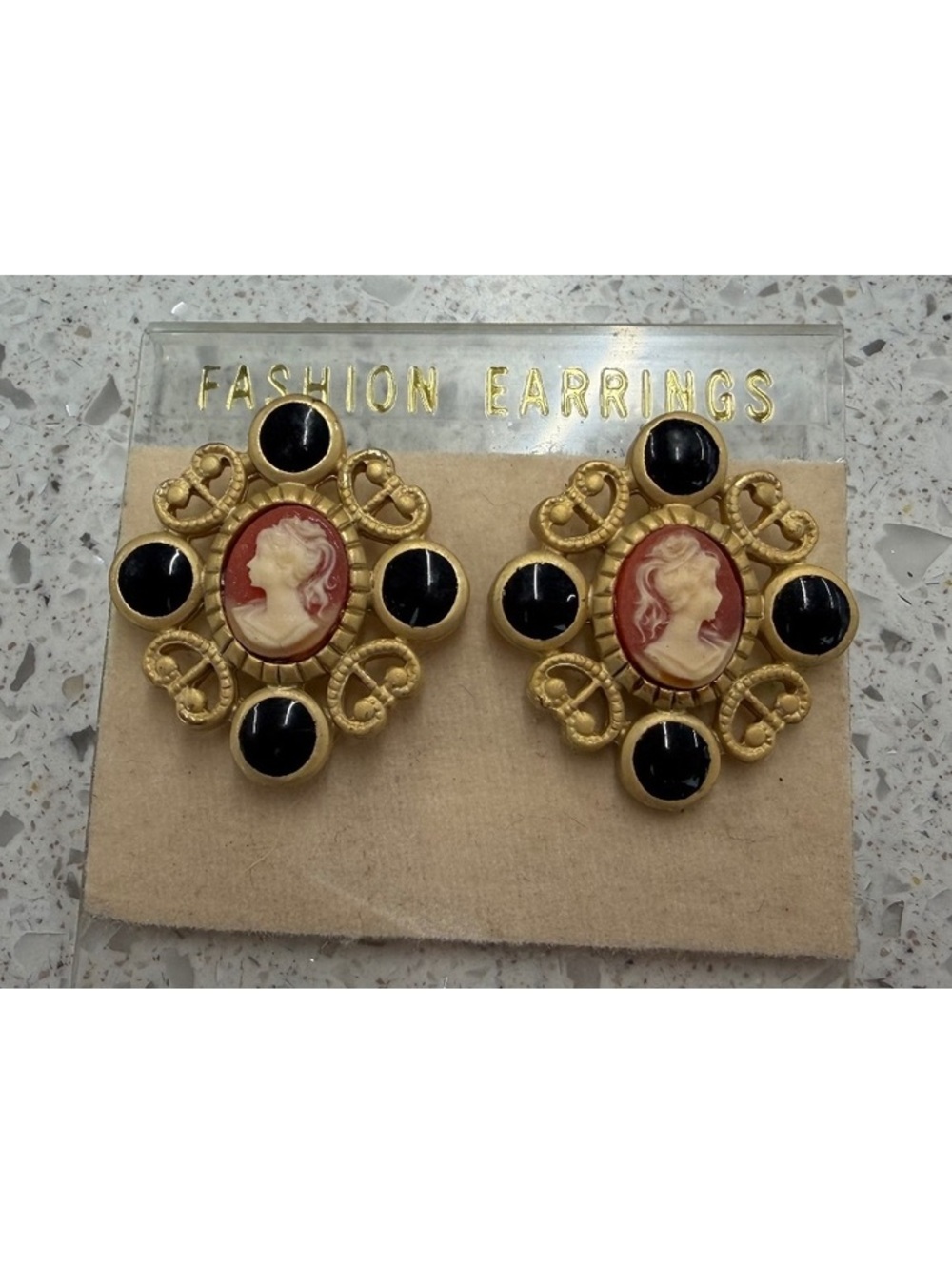 Vintage Cameo Style Gold Tone and Black Fashion Earrings Made in Hong Kong